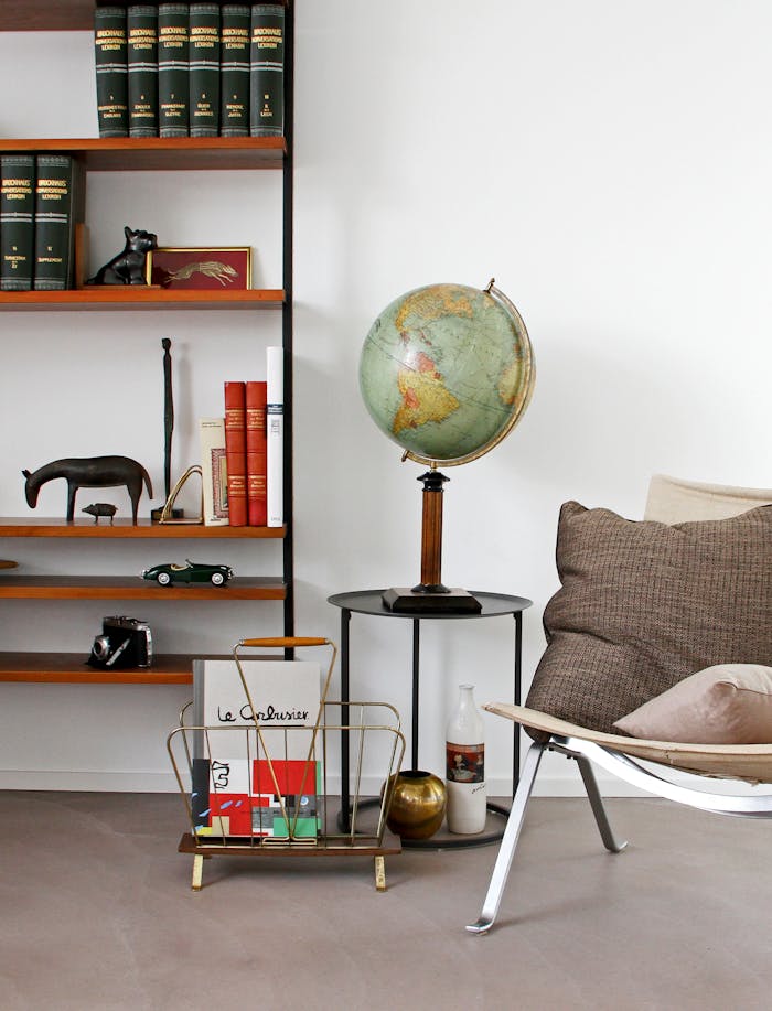 Elegant mid-century modern interior featuring a globe and stylish decor.